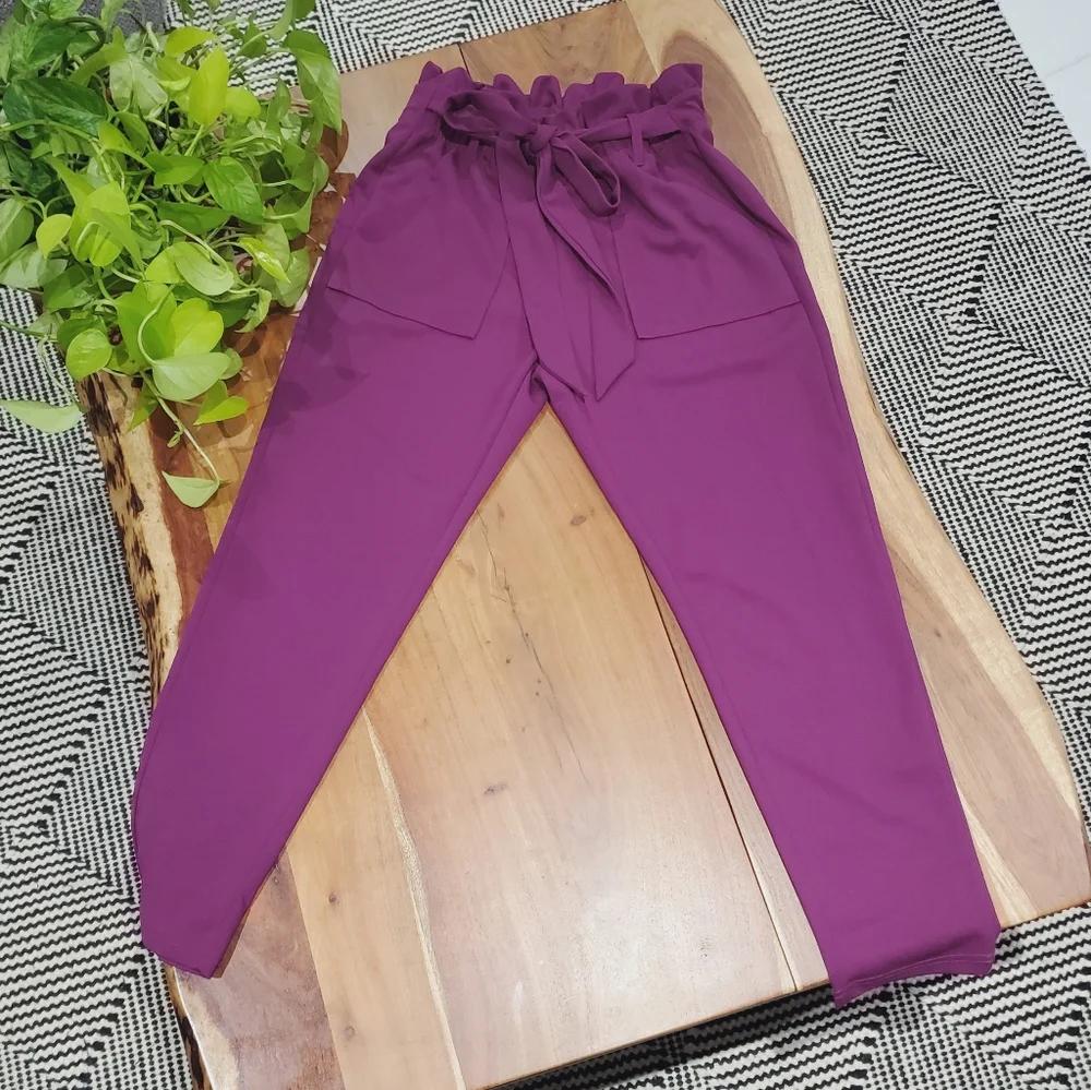 Tie Front Paperbag High Waist Tapered Trousers In Light Plum - Picture 6 of 7